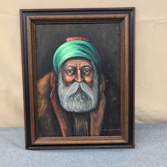 Vintage Oil Portrait of Bearded Man in TurbanSignedExpressive Folk Style